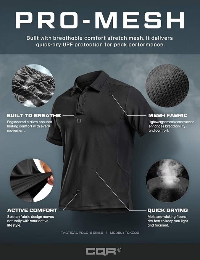 CQR Men's Polo Shirts, Tactical Short Sleeve Golf Performance Shirts, Lightweight Dry Fit UPF 50+ Pique