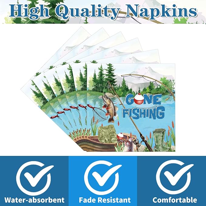 50PCS Gone Fishing Birthday Party Napkins Decorations, Disposable Paper Fish 1st Birthday Decorations, Fisherman Themed Decor Supplies Size 6.5 Inch