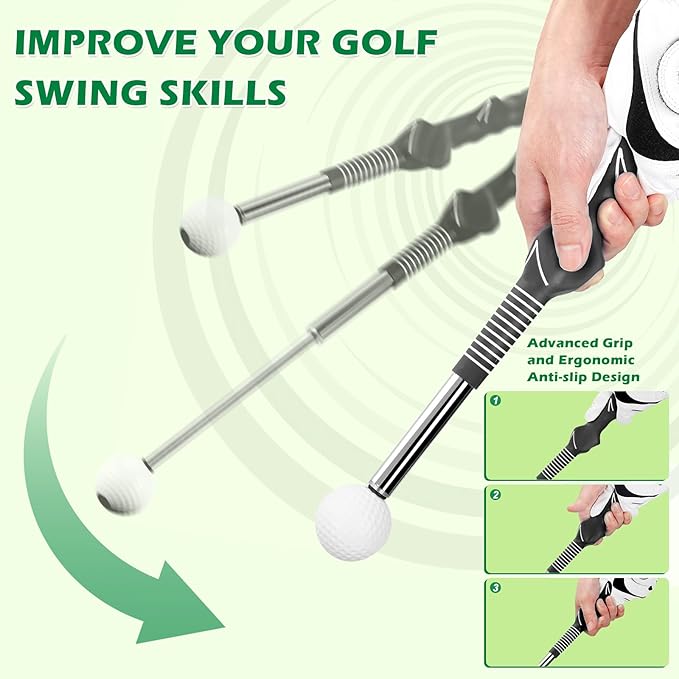 welspo Retractable Golf Swing Trainer Aid with Arm Band, Rhythm Click Sound, Warm-Up and Grip Trainer, Right-Handed Golf Club for Improve Chipping and Hitting Strength