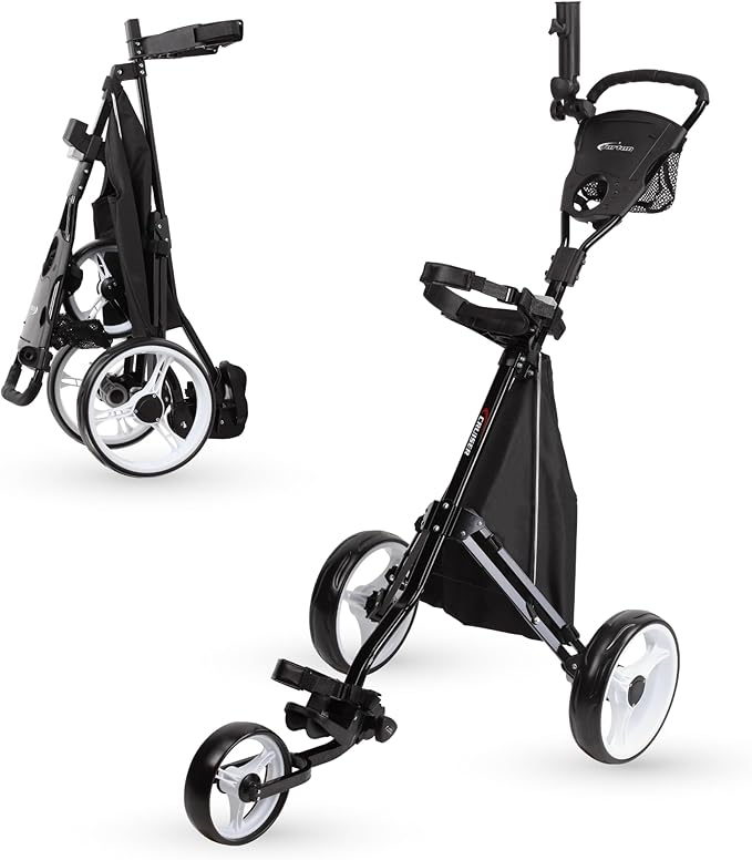PRECISE Cruiser 3-Wheel Golf Push Cart with Stabilizer Rods & Foot Brake – Lightweight Folding Golf Trolley with Ergonomic Handle, Detachable Storage Bag & Scorecard Holder