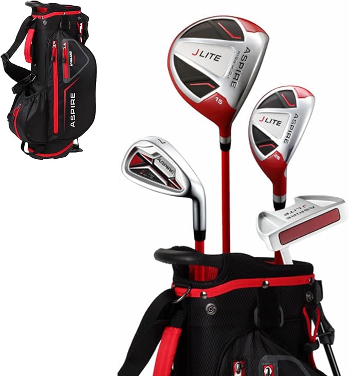 Aspire X-Lite Super Performance Junior Golf Club Set - Right-Handed Kids Golf Set with Driver, Hybrid, 7 Iron, Putter, Stand Bag & Headcovers