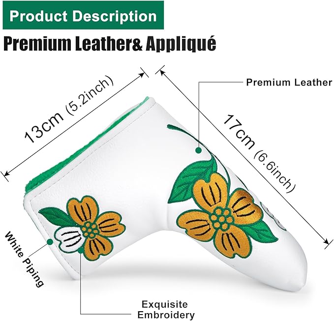 Golf Blade Putter Cover, Flower Elegant Embroidery Premium Leather Golf Blade Putter Headcover Putter Head Covers Fits Most Blade Putter