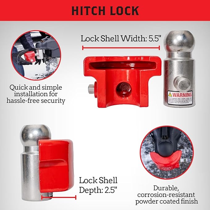 Equipment Lock Trailer Hitch Lock for 2 5/16” Ball Hitch - Hardened Steel Trailer Tongue Lock with Rust-Resistant Coating - Durable Boat, RV, Travel Trailer Coupler Lock (Keyed Differently)