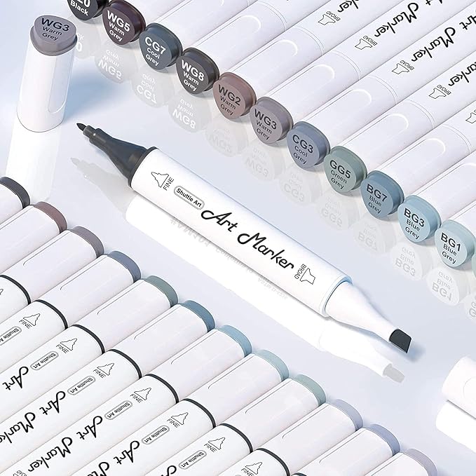 Shuttle Art 15 Colors Grey Tones Dual Tip Art Marker, Alcohol Based Marker Pens Double Ended with Fine and Chisel Point Tips Perfect for Drawing,Shading,Sketching,Designing,Outlining,Illustrating