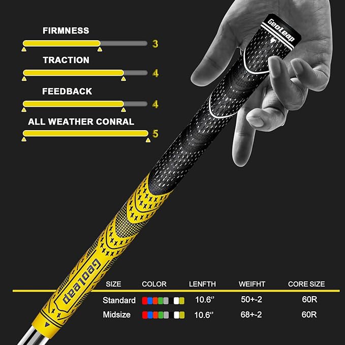 Geoleap Golf Grips Set of 13- Cord Rubber Compound Material, Hybrid Golf Club Grips, All Weather Performance.