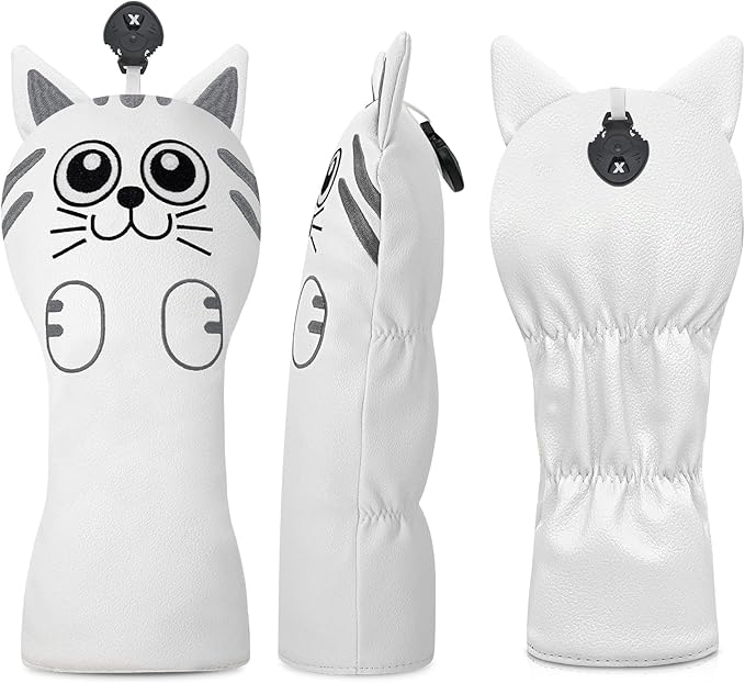 Golf Kitty Head Cover Golf Club White Leather Headcovers 1pc/4pcs Set Fits Driver Fairway Wood Hybrid Utility Putter Iron Wedge Headcover.