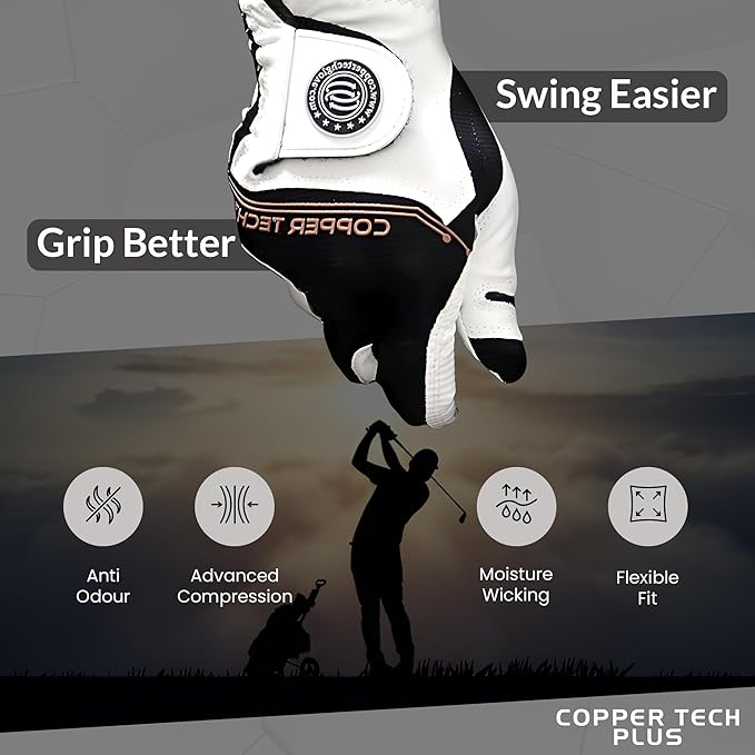 Copper Infused Golf Glove for Men – White/Black – Single Pack – Compression Fit, Arthritis Relief, Non-Slip Grip – USGA Approved