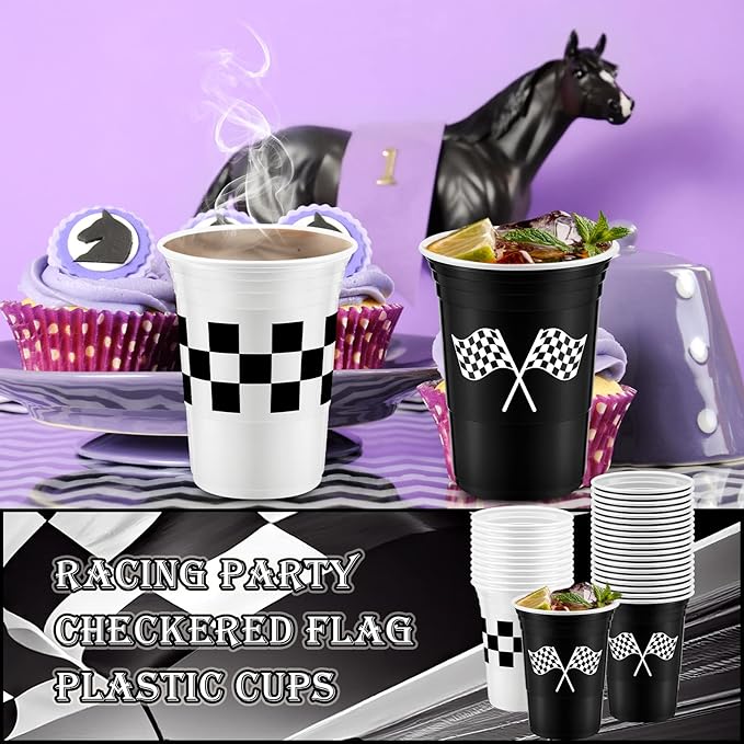 Norme 48 Pcs Checkered Cups Checkered Flag Party Supplies Bulk 16 oz Disposable Race Car Cups Thick White Black Cup for Racing Themed Birthday Party