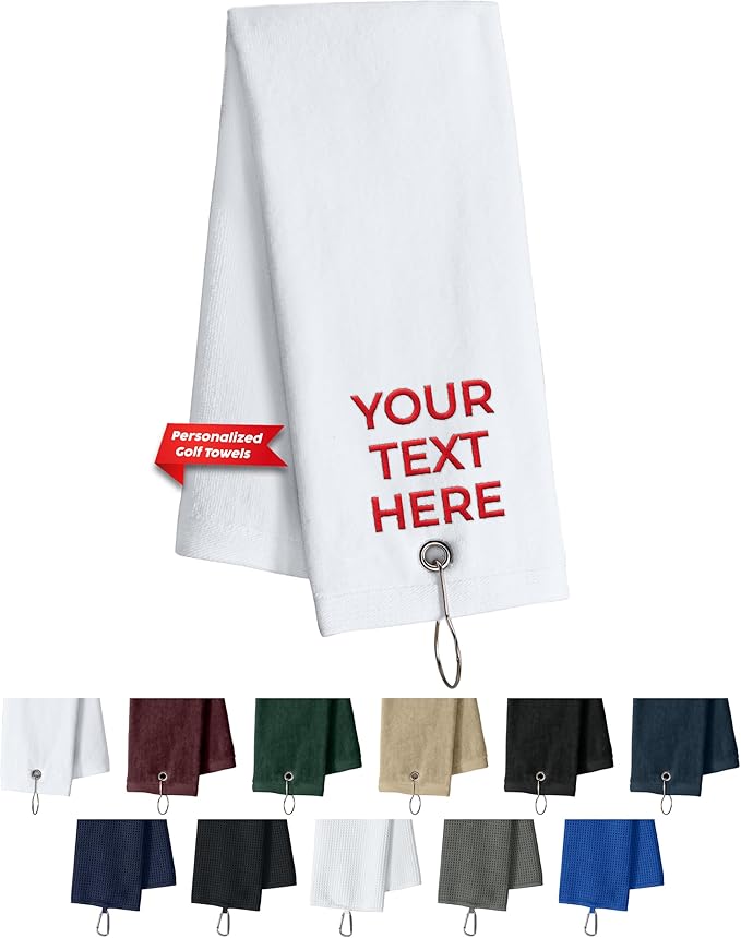 Custom Golf Towel for Golf Bags, Balls - Add Your Embroidered Name - Personalized Trifold Golf Bag Towels with Clip, for Men and Women