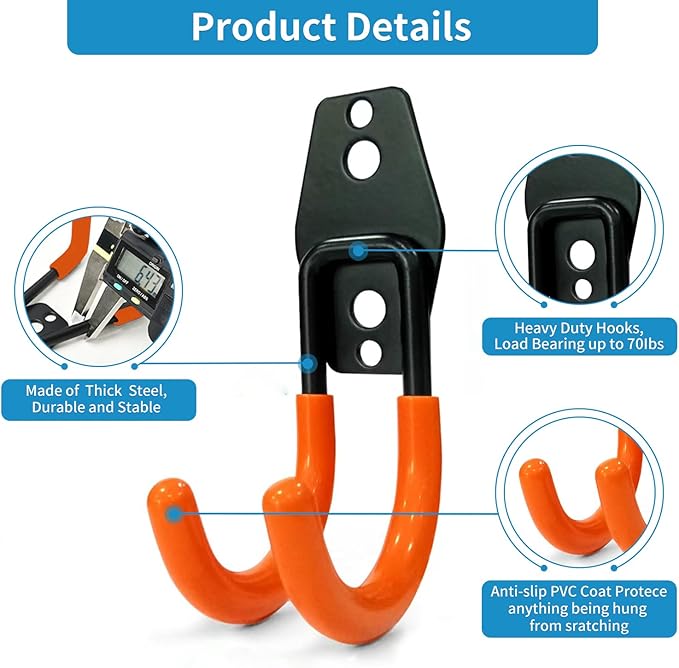 2 Pack Garage Storage Utility Hooks，Garage Garden Tool Organizer，Steel Wall Mount Hooks, Garden Small U Hooks (Type O-Orange)