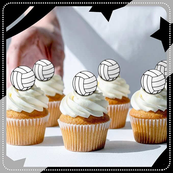 Honeydak 48 Pcs Black Volleyball Cupcake Rings Toppers Decoration Sport Ball Theme Cupcake Picks Cake Decoration for Sport Baby Shower Birthday Party Cake Supplies