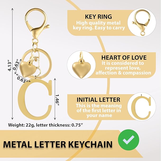 Metal Heart Alphabet Keychain for Women, Girls - Cute Initial Letter Accessories for Purse, Bag Charms and Backpack
