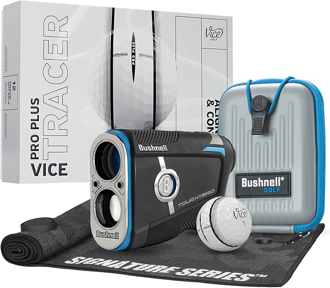 Bushnell Golf Tour Hybrid GPS Laser Rangefinder with Vice Balls | Slope Compensation, Magnetic Mount, Front/Middle/Back Distance, 1300 YD Range, PinSeeker | Signature Series Golf Towel