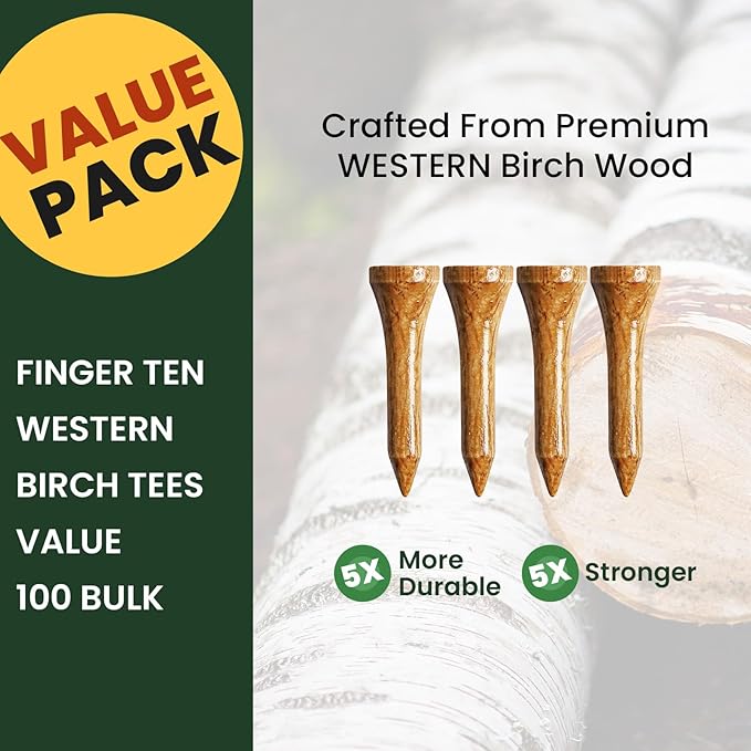FINGER TEN Golf Tees Wood for Men Wooden Tee 1 1/2 2 3/4 3 1/4 Inch Western Birch Value 100 Pack, Reduce Friction Spin Tall Sturdy Base for Stability Long-Lasting Durability