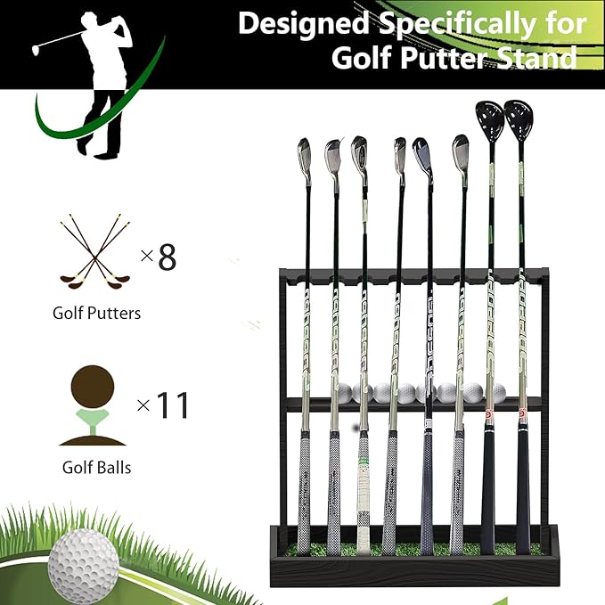Wooden Golf Club Rack, Golf Club Holder Stand Floor Display, Premium Golf Putter Stand Organizer for Indoor and Outdoor Use, Home, Garage, Golf Simulator Accessories for 8 Clubs and 11 Balls