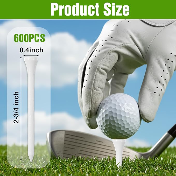 600 Pack Golf Tees Bulk Wooden Bamboo Tees Decoration for Men Women Clubs Golf Ball Theme Party Accessories School Supplies Reduce Friction Side Spin for Club (White,Solid)