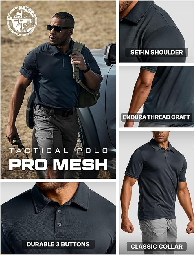 CQR Men's Polo Shirts, Tactical Short Sleeve Golf Performance Shirts, Lightweight Dry Fit UPF 50+ Pique