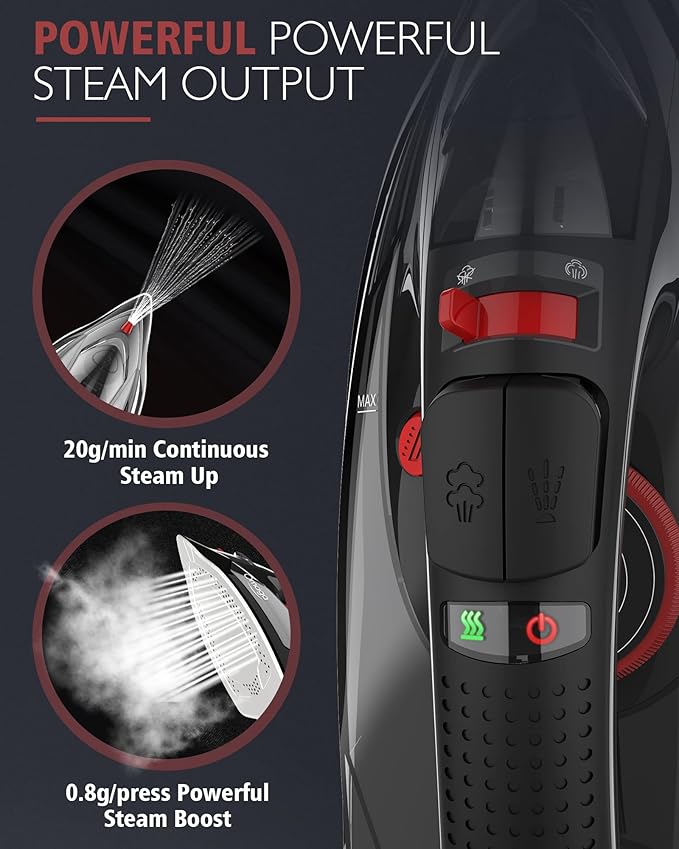 Cordless Iron for Clothes, 1500W Steam Iron with Non-Stick Ceramic Soleplate, Auto Shut Off, Self-Clean, Burst of Steam, Anti-calc, 3 Temperature Settings, 11.84oz Water Tank, Black