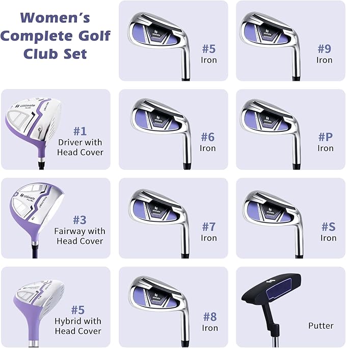Tangkula 9/10/12 Pieces Women's Complete Golf Clubs Set, Golf Club Package Set with 460CC Driver, Fairway Wood & Hybrid, Irons, Putter, Portable Regular Golf Club Set