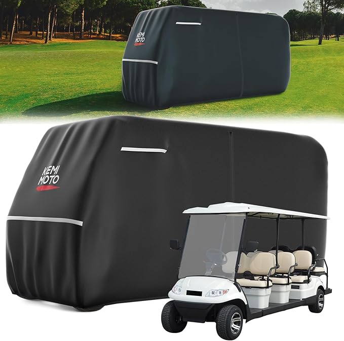 KEMIMOTO 600D Waterproof Golf Cart Cover, Universal Heavy Duty Large 8-Seater Golf Cart Rain Cover with Storage Bag Compatible with EZGO Club Car 6+2/8 Passenger, Black