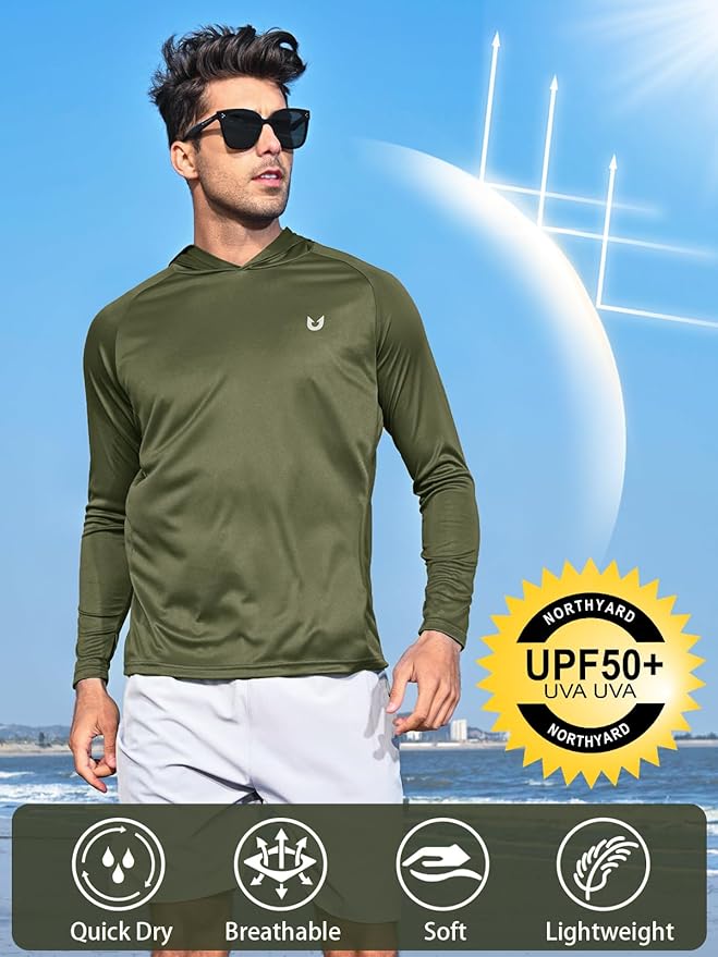NORTHYARD Men's UPF 50+ Hoodie Shirts Long Sleeve Sun Protection Fishing Swim Beach UV SPF Rash Guard Quick Dry Lightweight