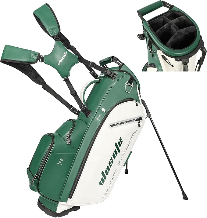 Lightweight 14-Way Golf Stand Bag, PU Leather Golf Bag Waterproof Men Women Full Length Top Dividers, Multiple 8 Pockets Cooler Pouch Adjustable Detachable Shoulder Dual Straps Rain Cover Hood