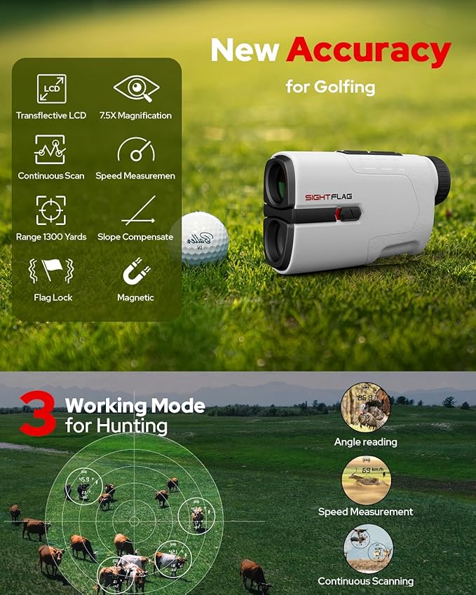 Golf Rangefinder with Slope, 1300 Yards Laser Range Finder Golf, 7.5X Magnification Flag Pole Locking Vibration Rechargeable Range Finders with Magnet Golf Accessories for Men Women Sightflag GF1
