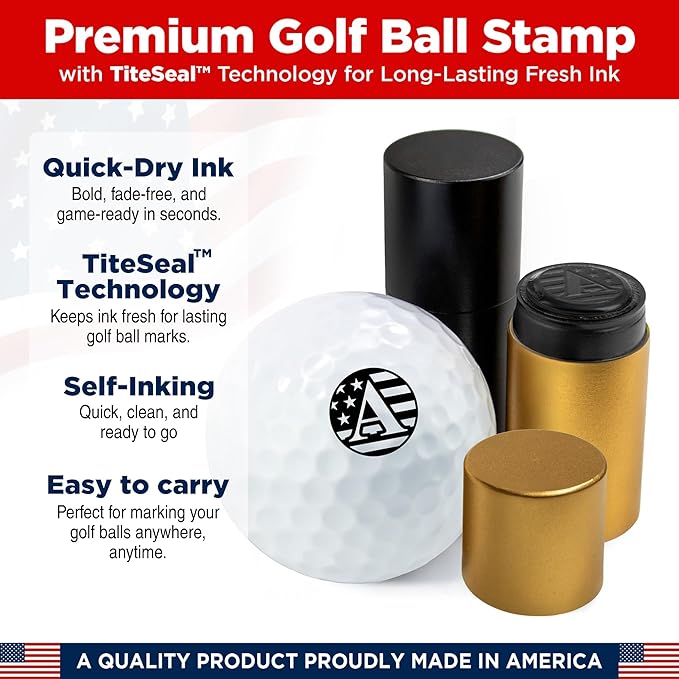 Custom Golf Ball Marker Stamp with TiteSeal™ Technology Bundle - Metallic Box with Golf Ball Stamp + Refill Ink Bottle - Black Case