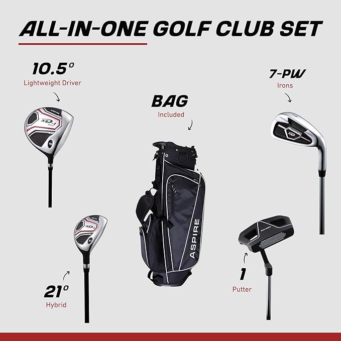 Aspire XD1 Teen Golf Club Set for Ages 13–16 – Complete Youth Golf Set with Driver, Hybrid, 7–PW Irons, Putter, Stand Bag & 3 Headcovers - Graphite/Steel Shafts