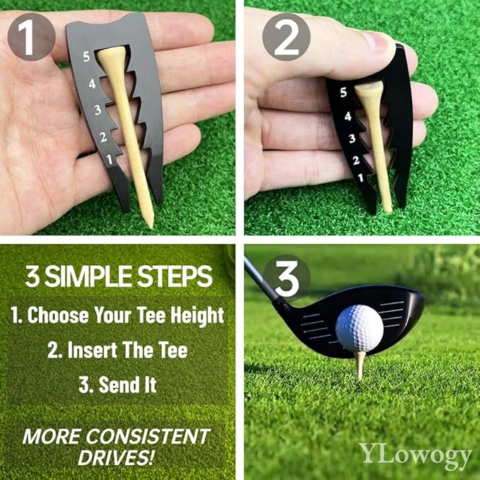 Zinc Alloy Golf Tee Height Setter - 5 Adjustable Settings 3-in-1 Divot Repair Fork & Groove Cleaner + 5 Golf Tees for Stable Consistent Swings