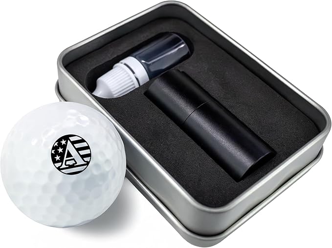 Personalized Golf Ball Marker Stamp with TiteSeal™ Technology Bundle - Metallic Box with Golf Ball Stamp + Refill Ink Bottle - Black Case
