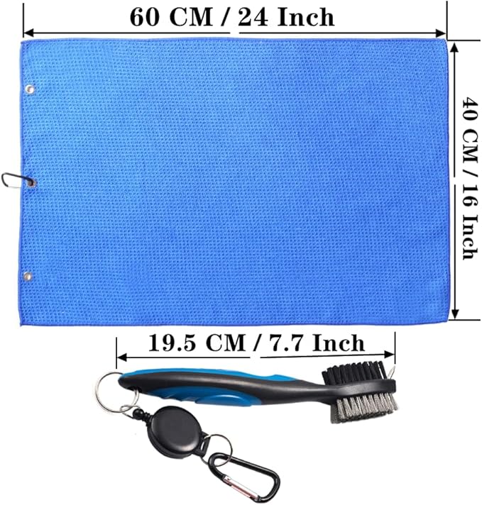 Golf Towels, Golf Towel and Brush Set, with Microfiber Waffle Design Golf Towel 16" X 24" with Hook and Loop Fastenerl and Retractable Zip-line Golf Club Brush (Blue)