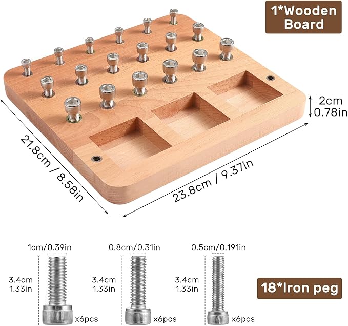 Wooden Peg board for Occupational Therapy with 3 Sizes of Pegs and Holes, Wood Pegboard for Finger Dexterity, Hands Therapy Peg Board to Improve Finger Motor Skills and Hand-Eye Coordination, 18 Holes