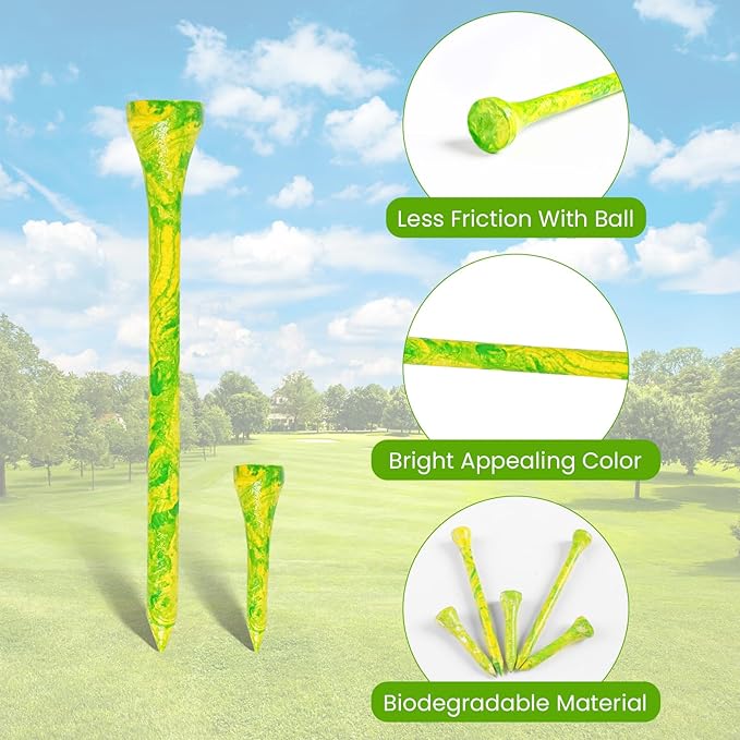 Golf Tees Styllish Bamboo Wooden Coloured Painted 50 Pack, 2 3/4 or 3 1/4 Inch Tee with 10 More Short 1 1/2 Inch Driving Range Tees, Enhanced Visibility Pink Green for Men Women