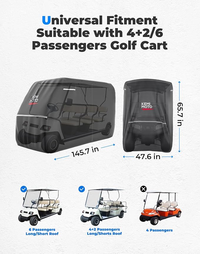 KEMIMOTO 600D Waterproof Golf Cart Cover, Universal Heavy Duty Large 6-Seater Golf Cart Rain Cover with Storage Bag Compatible with EZGO Club Car 6/4+2 Passenger, Black