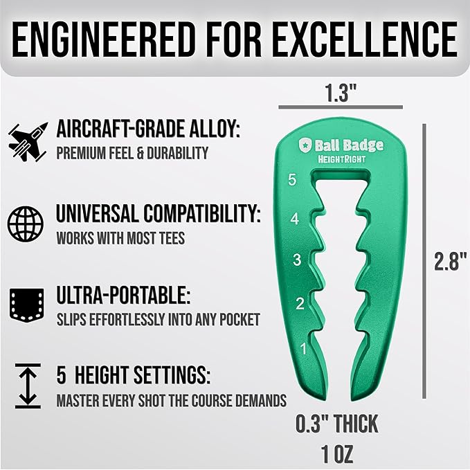 Ball Badge HeightRight Adjustable Golf Tee Height Tool – Precision Tee Height Setter for Consistent Swings, Durable Aluminum Design, Easy-to-Use Golf Training Aid