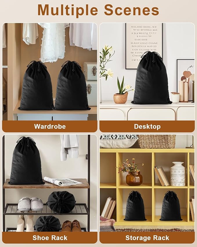 FantasyLife Shoe Bags for Travel, Washable Dust Bags for Storage & Packing, Flannel Shoe Pouch with Drawstring Closure for Purses, Handbags, Shoes & Toys (2, Black Beauty)