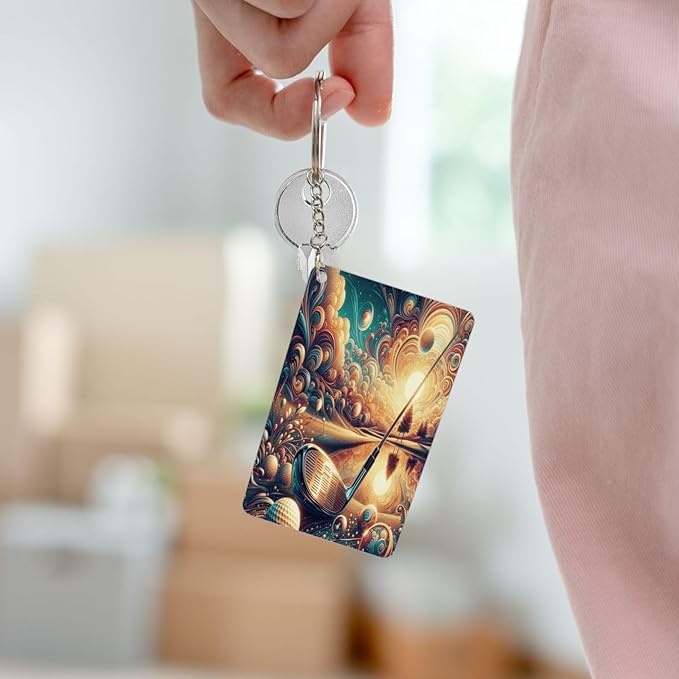 Astronaut Playing Golf Keychains Rectangular Acrylic Keychain Daily Key Ring Car Key Fob Holder 2X3 Inch