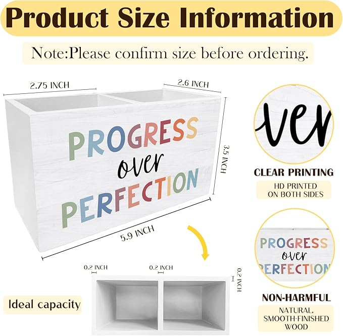 Boho Inspirational Classroom Decor, Motivational Pen Pencil Holder for Desk, Progress Over Perfection Affirmation Wooden Box Sign Desk Decor for Classroom Kids Room Decoration