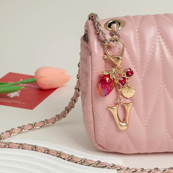 Snycler Bubble Initial Keychain with Strawberry & Bow- Gold Letter Bag Charms for Women, Cute Purse Handbag Accessories