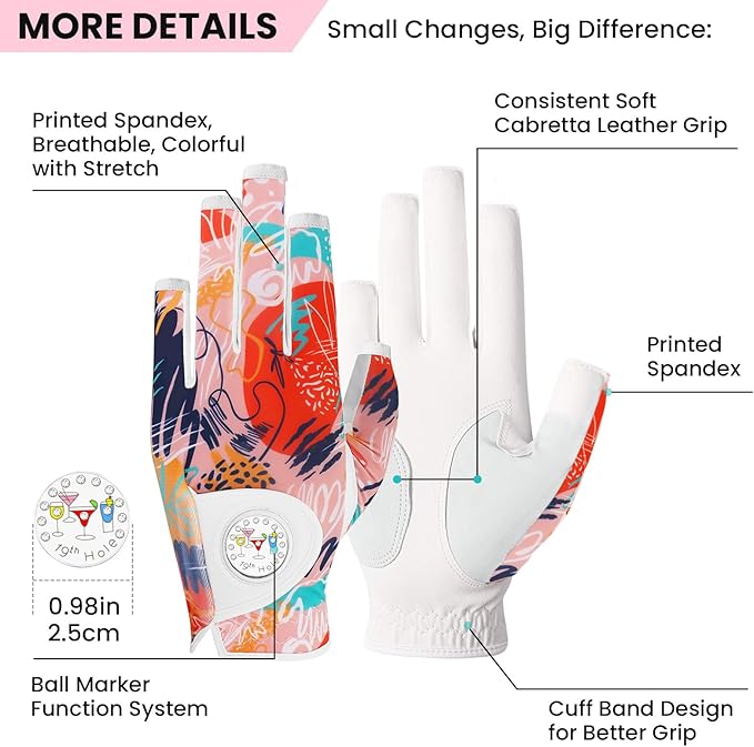 FINGER TEN Stylish Golf Gloves Women with Ball Marker 1 Pack for Left or Right Hand, Breathable Glove with Fashion Patterns for Ladies Right Left Handed Golfer