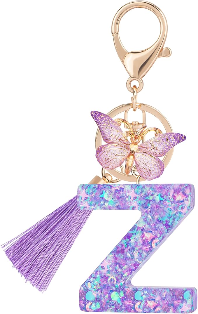 Suweibuke Colourful Cute Initial Letter Keychains for Women Girls with Tassel Butterfly, Charm for Purse Handbags Backpacks