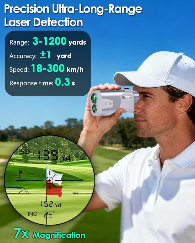 JUSTDOMI 1200 Yards Laser Range Finder Golf Magnetic, 7X Magnification Golf Rangefinder with Slope, Laser Rangefinder for Golf Hunting Archery Distance Finder Rechargeable & Flag Lock Vibration