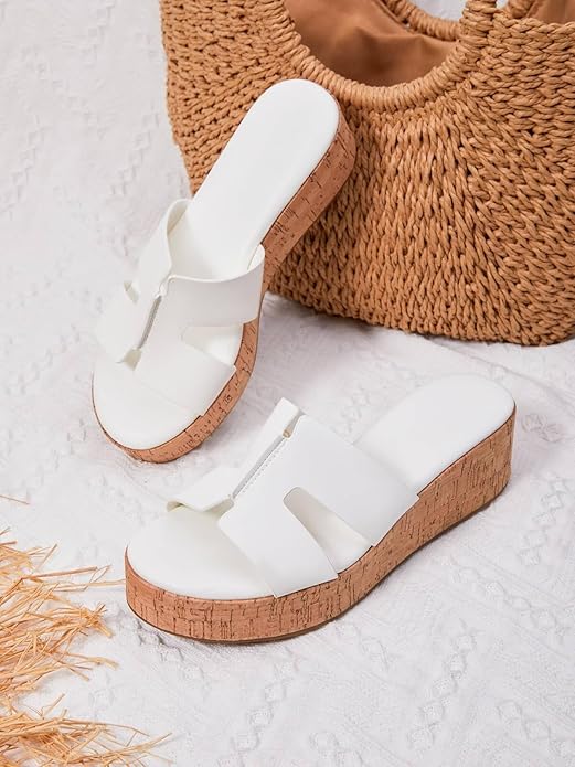 Coutgo Women's Platform Wedge Sandals Open Toe Slip On Slides Cork Heeled Cutout Comfortable Summer Shoes