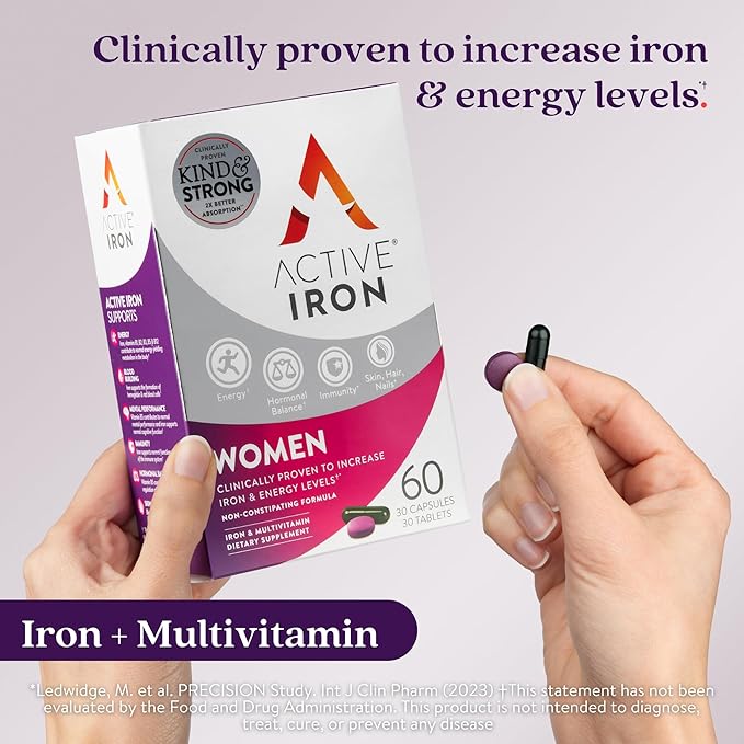 Active Iron Supplement 25mg + Multivitamin for Women – Clinically Proven to Increase Energy & Reduce Tiredness – Gentle, Non-Constipating Iron + Women’s Multivitamin – 30 Capsules + 30 Tablets
