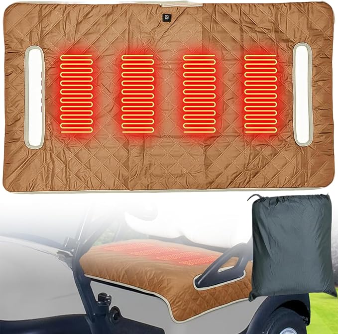 Universal Heated Golf Cart Seat Cover - Waterproof Golf Cart Heater Accessory w/ 4-Zone Warmth, 3 Heat Levels, USB/Type-C & 12V Plug for EZGO/Yamaha/Club Car (Brown)