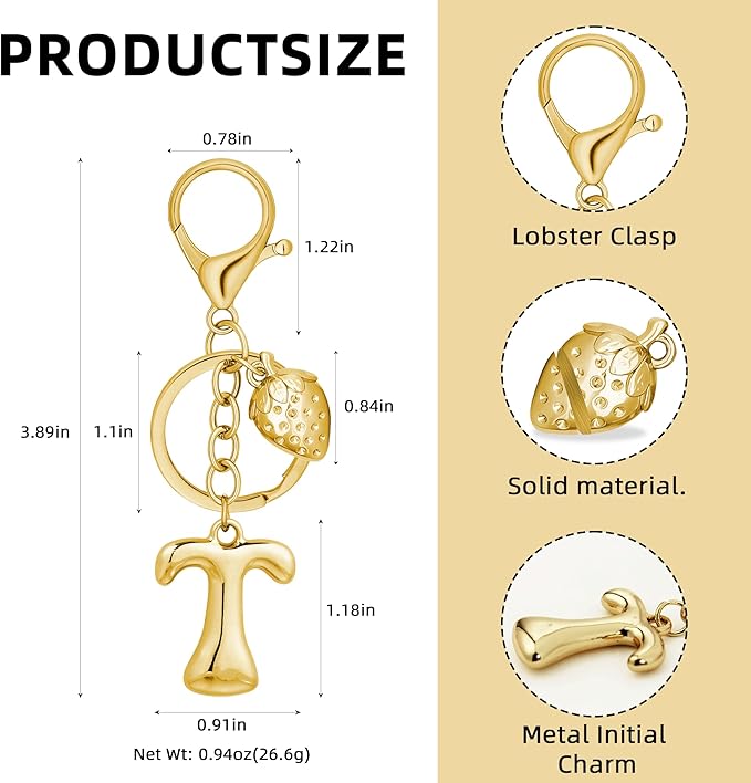 Gold Bubble Heart, Cherry, Bow & More Designs Letter Initial Keychain Bag Charms – Cute Purse Charms for Handbags