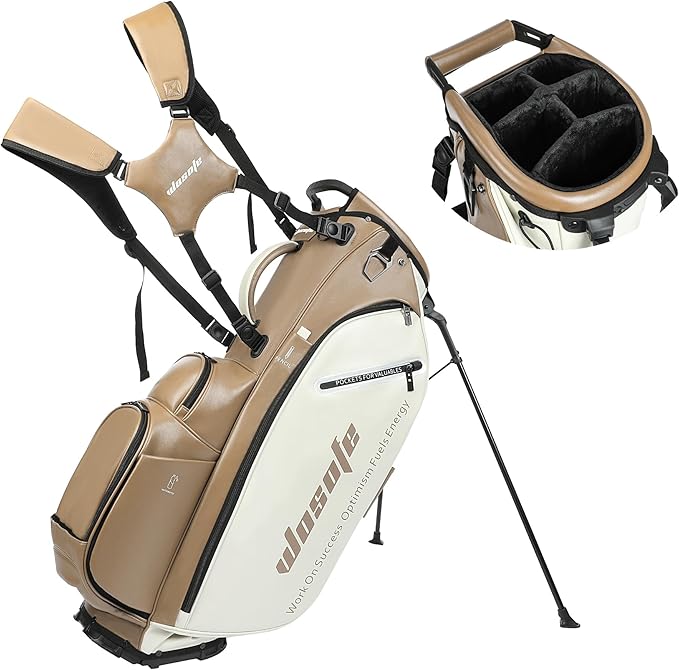 Lightweight 14-Way Golf Stand Bag, PU Leather Golf Bag Waterproof Men Women Full Length Top Dividers, Multiple 8 Pockets Cooler Pouch Adjustable Detachable Shoulder Dual Straps Rain Cover Hood
