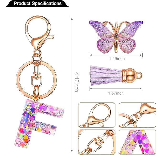 JINGUAZI Initial letter Keychains for Women Tassel Butterfly Pink Purple Cute Car Keychain for Wallet Backpack bag charm