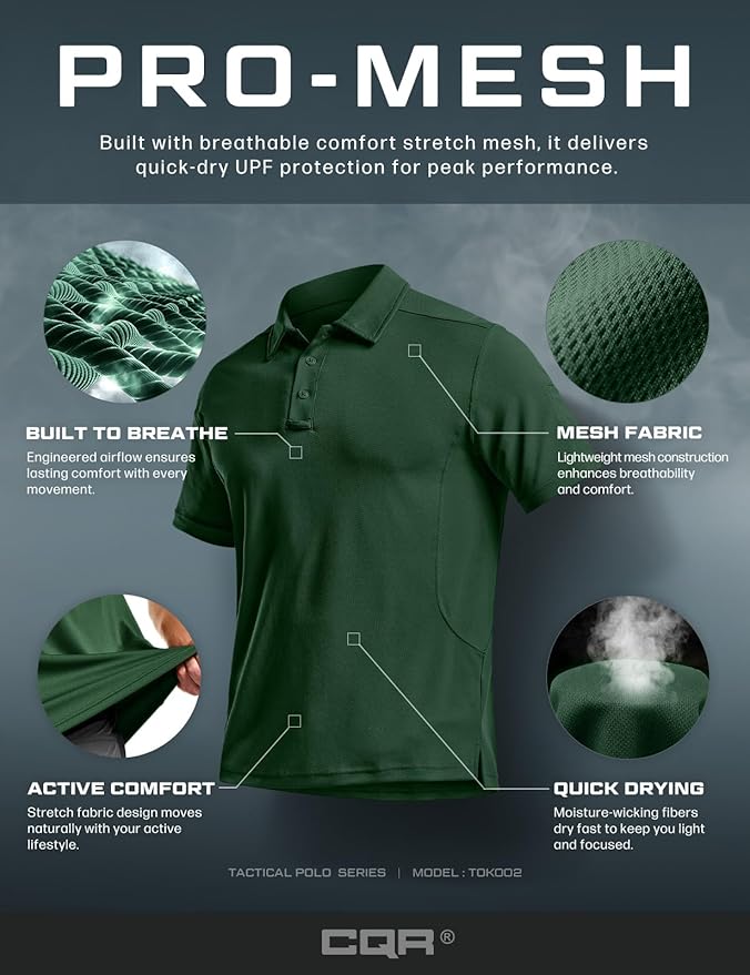 CQR Men's Polo Shirts, Tactical Short Sleeve Golf Performance Shirts, Lightweight Dry Fit UPF 50+ Pique
